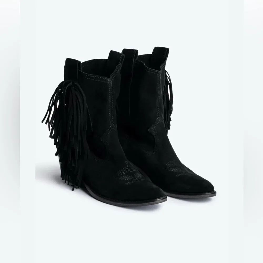 Zadig & Voltaire Pilar Western Fringe Boots Black Suede Ankle French 37/US 6